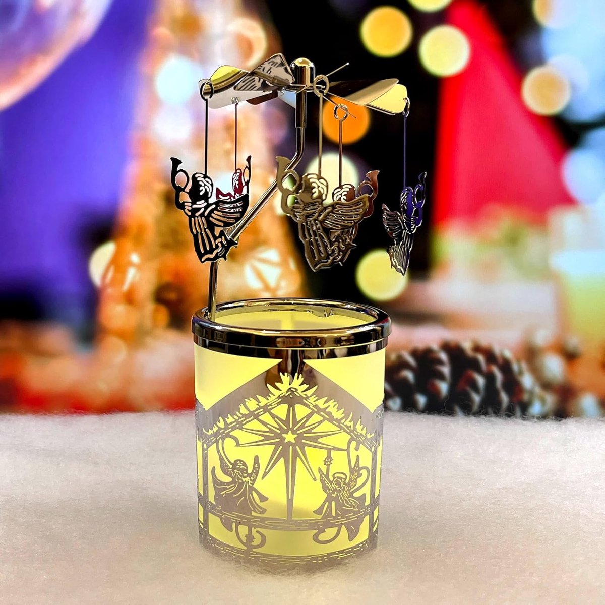 SnelShoppen - Glass Tealight Candle Holders Rotating Tealight Carousel met Spinning Fairy Angel en Silver Plated Kerstdecoratie voor Tafel, Cadeau voo