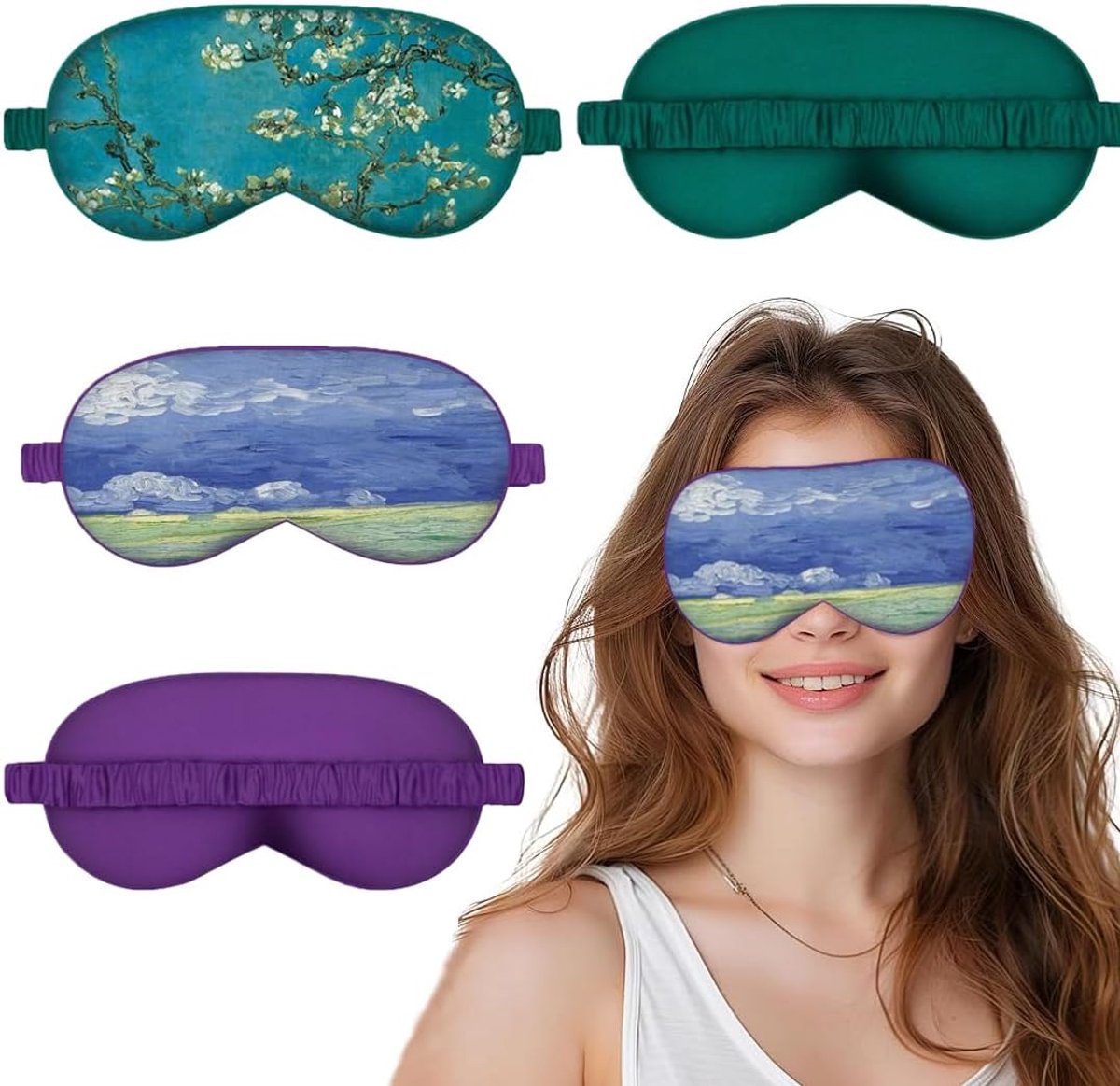 SnelShoppen - 2-delige Zijde Slaapmasker voor Vrouwen, Mulberry Zijde, Dubbelzijdig, Verstelbaar, Groen Bloemenpatroon voor Comfortabel Slapen