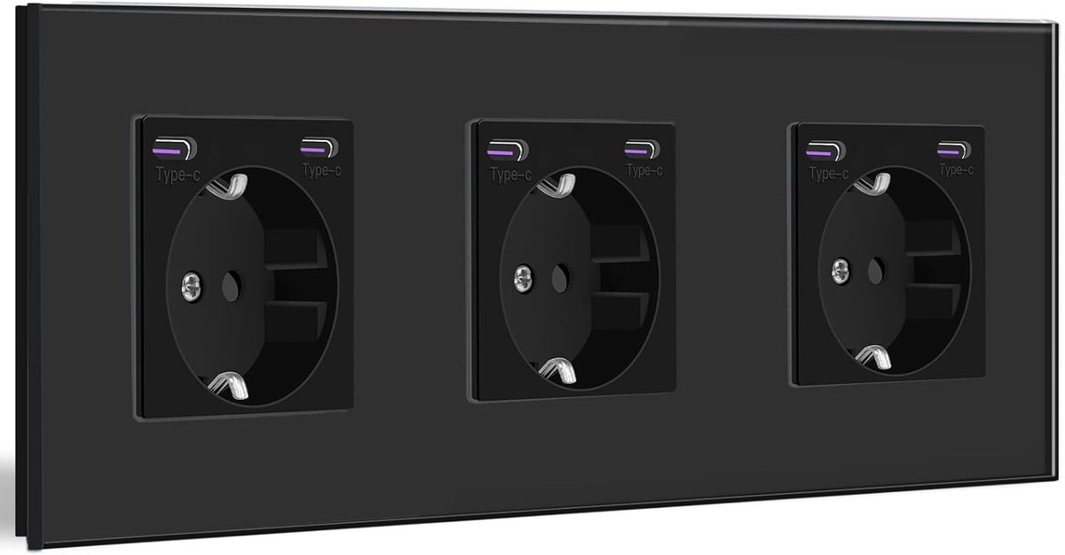 SnelShoppen - Schuko Wandcontactdoos met Type C 20W Snellader, 3-in-1 Flush-Mounted EU Stopcontact, Zwart Glasplaat, Voor Thuisgebruik, Geschikt voor