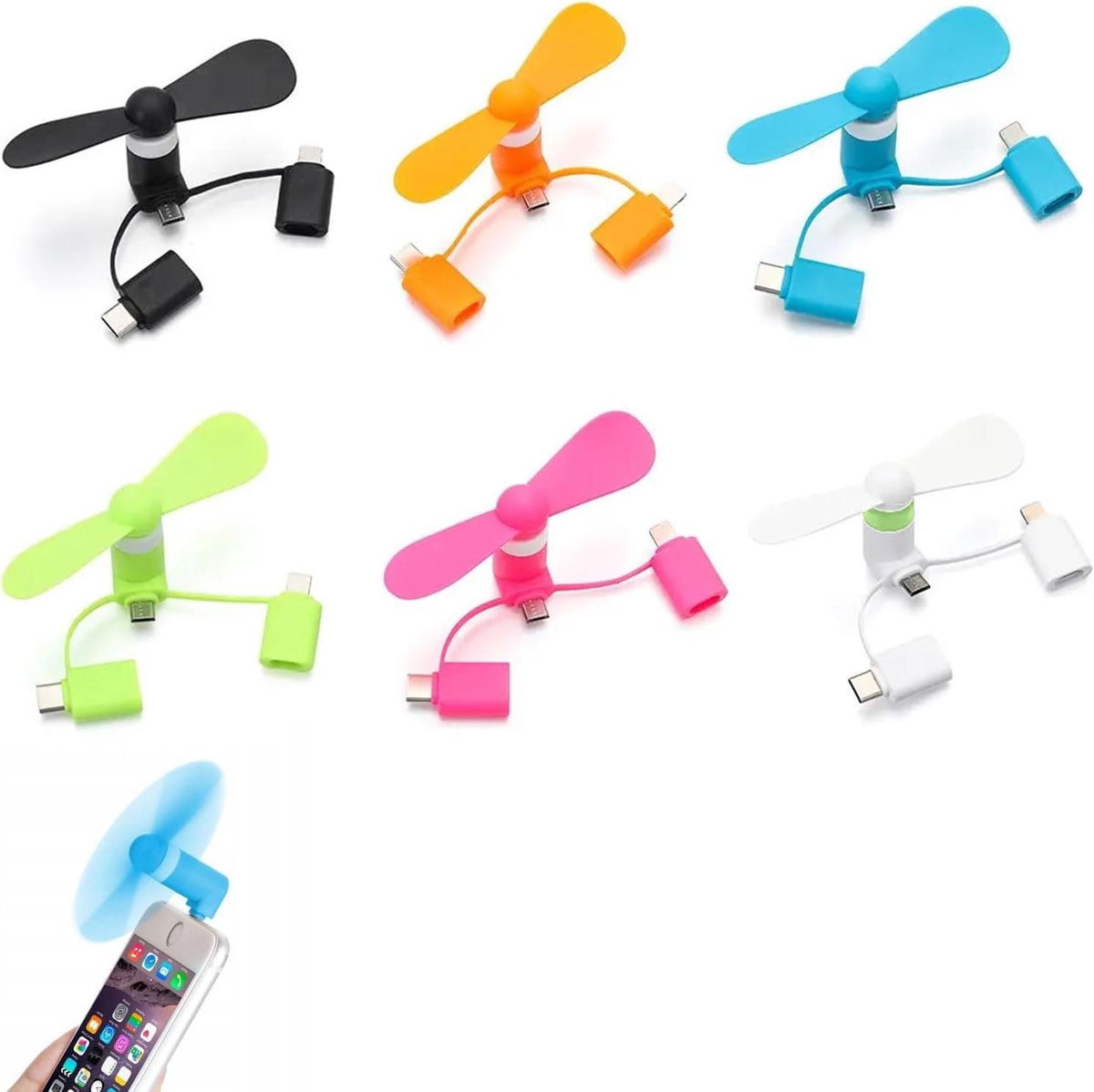 SnelShoppen - 6 Pcs Mini Mobiele Telefoon Ventilator, 3-in-1 Draagbare USB Fan, Compatibel met iPhone/Micro-USB/Type C, Lichtgewicht en Veilig, Ideaal