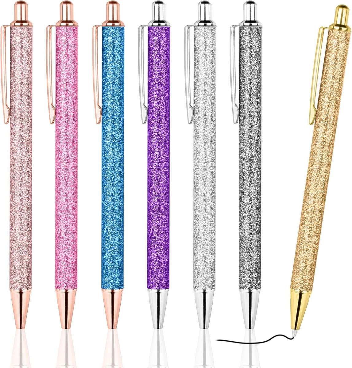 SnelShoppen - 7 Stuks Bling Metal Balpennen - Klikmechanisme - 1mm Zwarte Inkt - Hoogwaardige RVS en Koper - Perfecte Gift voor Studenten, Volwassenen