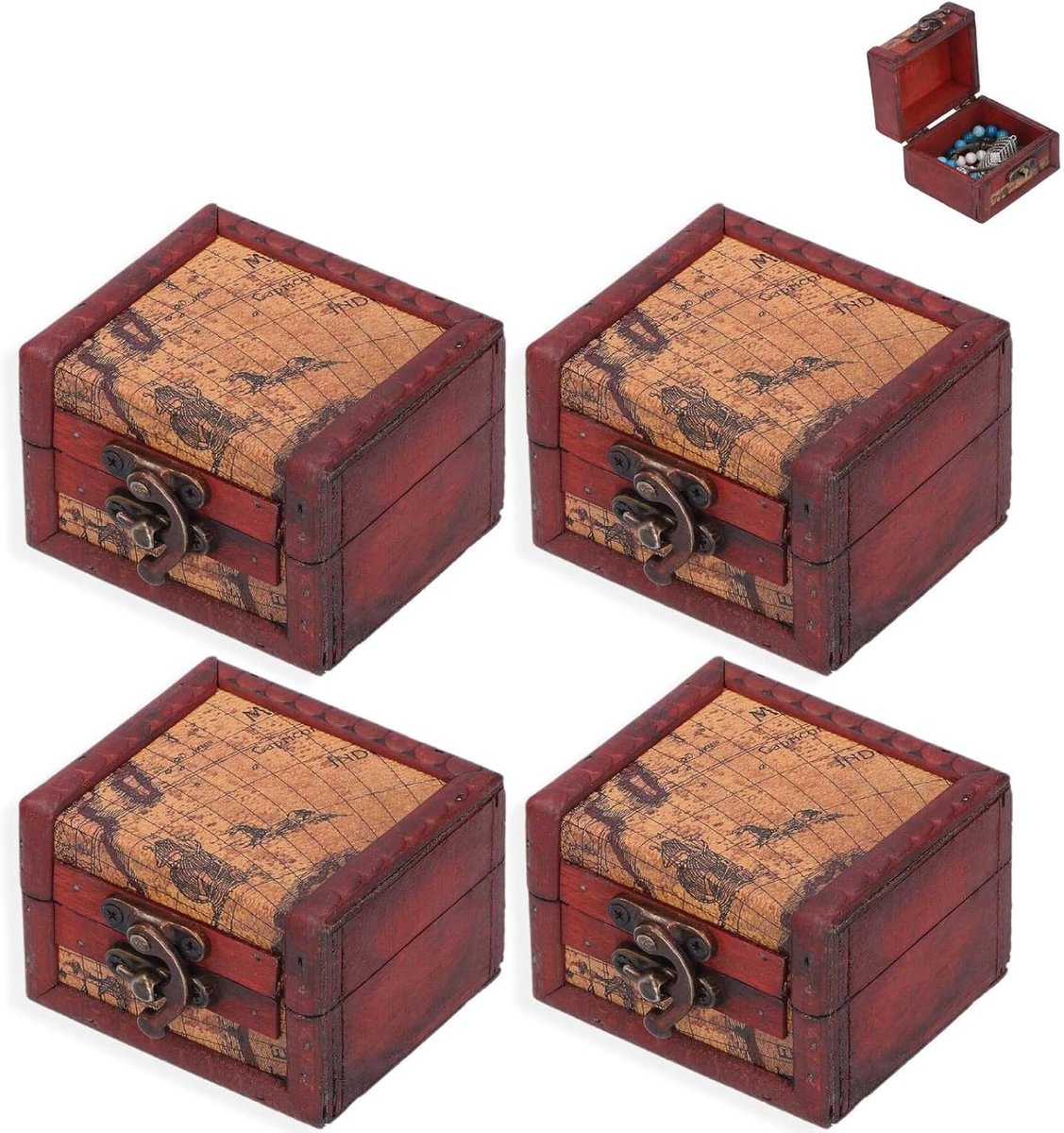 SnelShoppen - 4 Stuks Vintage Houten Sieraden Doosjes, Decoratieve Opslagdozen, Sieraden Kistje, Trinket Bewaarbox, Schatkist voor Thuisdecoratie en C