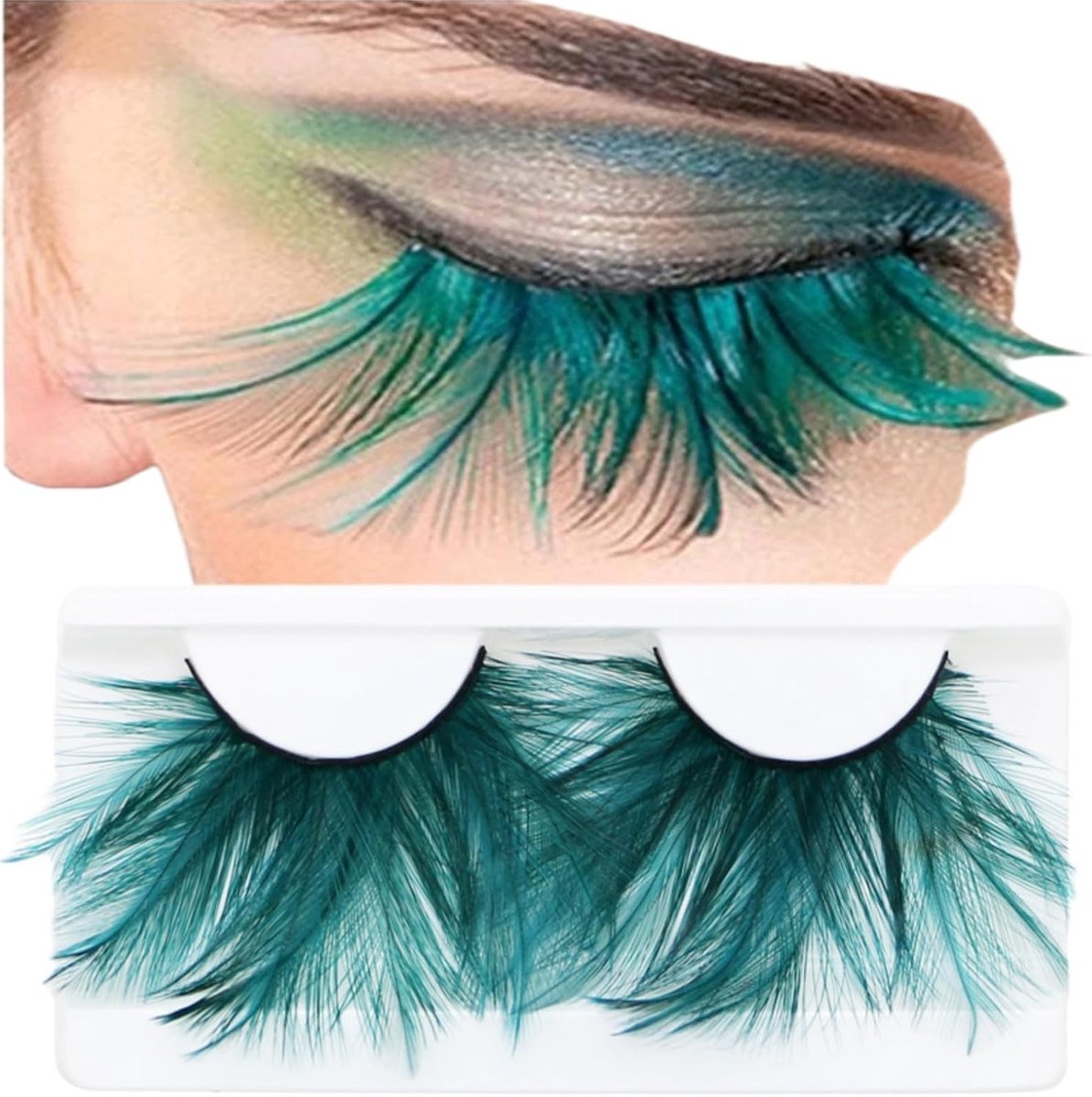 SnelShoppen - Faux Cils Natural - Fake Lashes met Groene Pluimen - Handgemaakte Wimpers voor Feest, Carnaval, Halloween, en Thema Parties - 1 Paar