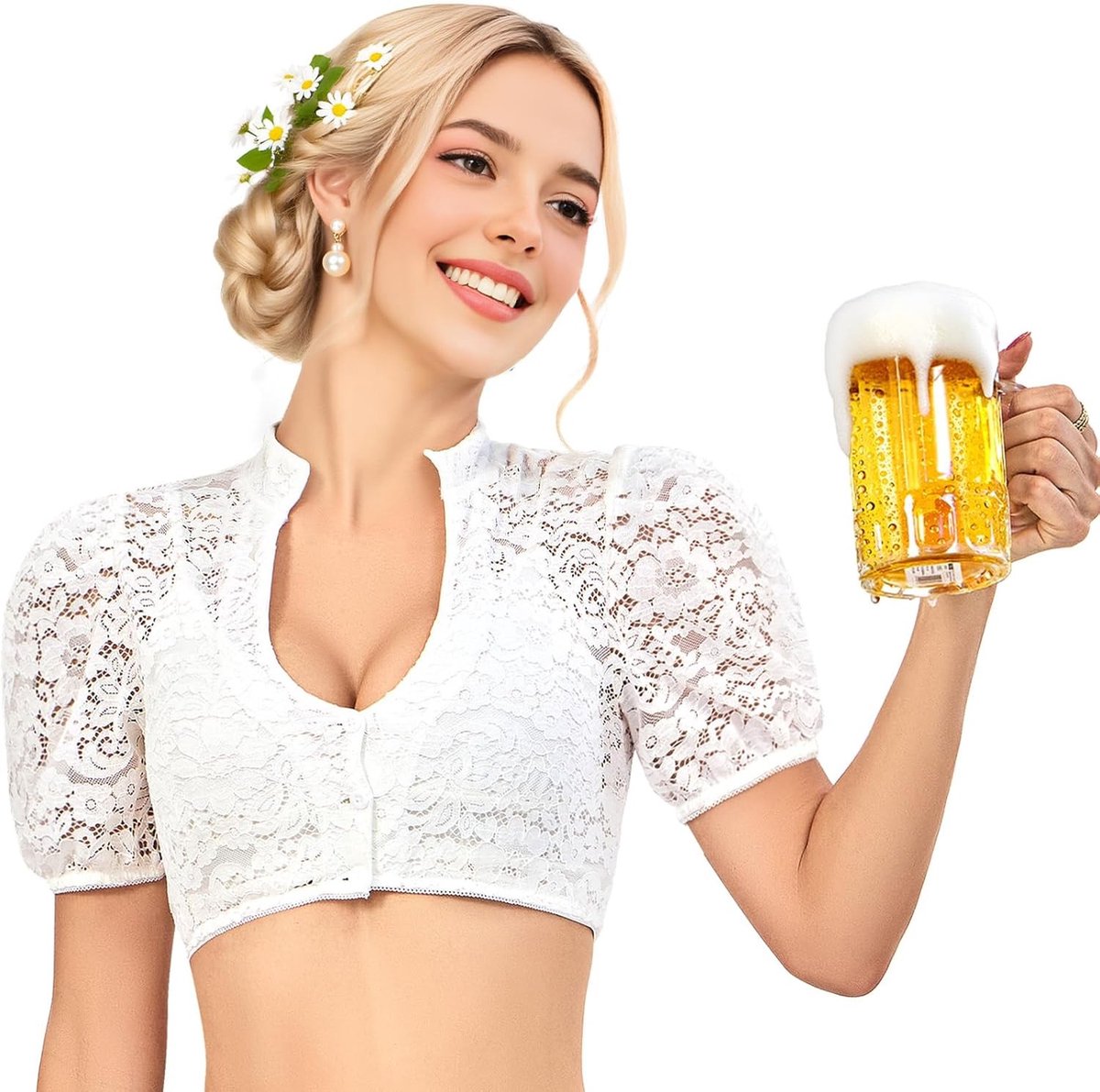 Elegante Witte Dirndl Blouse met Puff Mouwen en V-Hals voor Oktoberfest en Feestelijke Gelegenheden