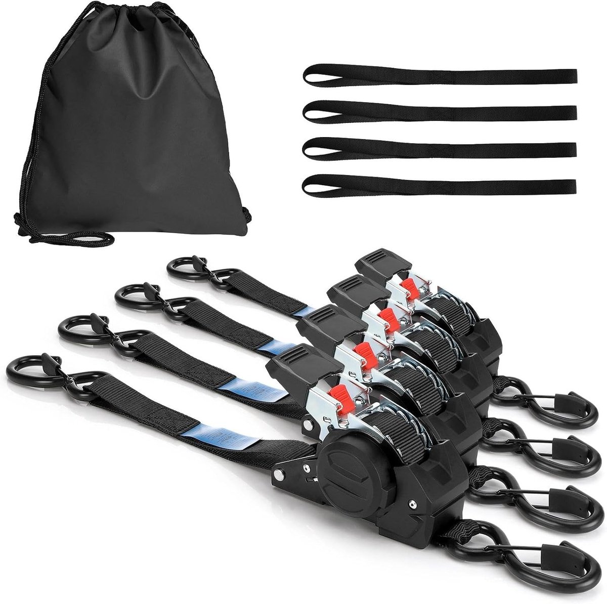 Automatische spanbanden 3 m, 25 mm met S-haken, 350 kg/700 kg, zelfoprollend en intrekbaar voor motorfiets, kajak en bestelwagen