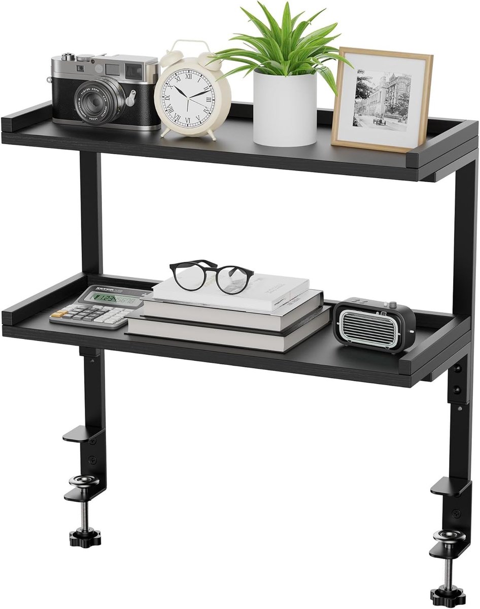 2-laags houten bureauplank clip voor kantoor en gaming accessoires, tafelblad boekenopslag en organizer in zwart