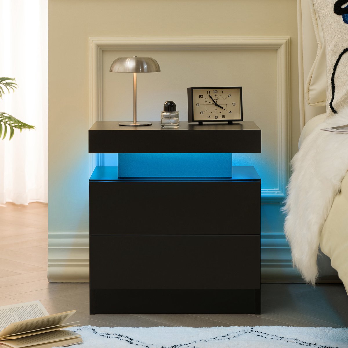 COVREO Nachtkastje 49 x 34,8 x 52,1 cm – zwart, LED-verlichting, 2 lades en open vak