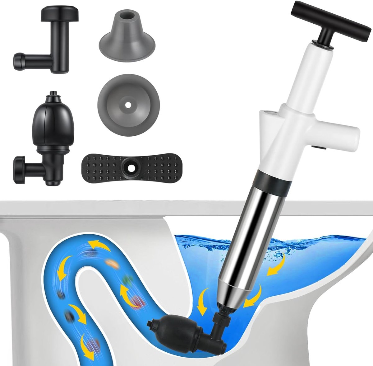 SnelShoppen - Tube Cleaner met Gecomprimeerde Lucht, Afvoer Ontstopper met Luchtdrukdisplay, 4 Zuignappen voor Toilet, Badkamer, Keuken en Douche (Mil