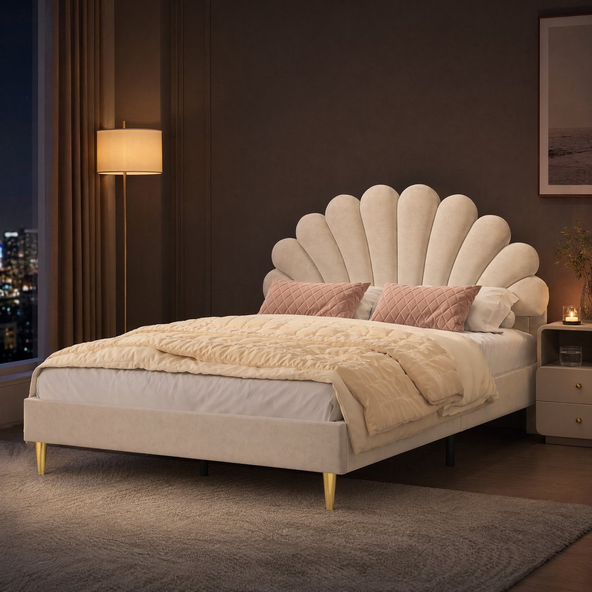 SHOPENTRA Grote Tweepersoonsbed met Schelp Hoofdeinde, Fluweel Bedframe 140x200 cm, Verstelbaar Hoofdeinde Beige