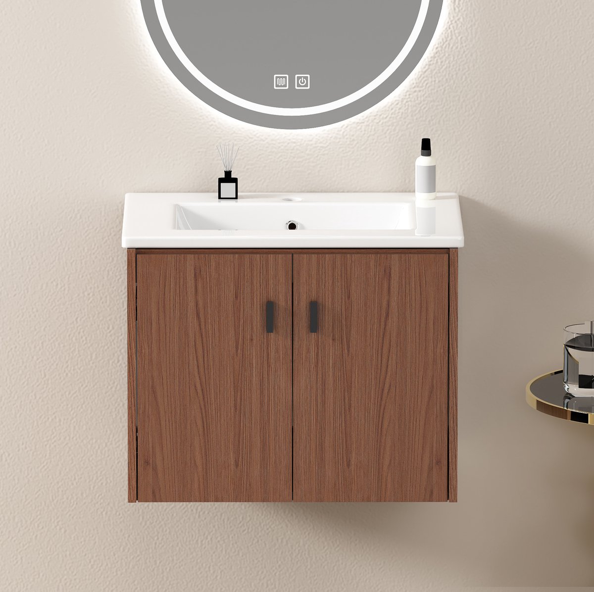 MIVRAY Badkamerkast – 60 cm Met 2 Softclose Deuren – Keramiek en MDF – Roodbruin – Voor Kl