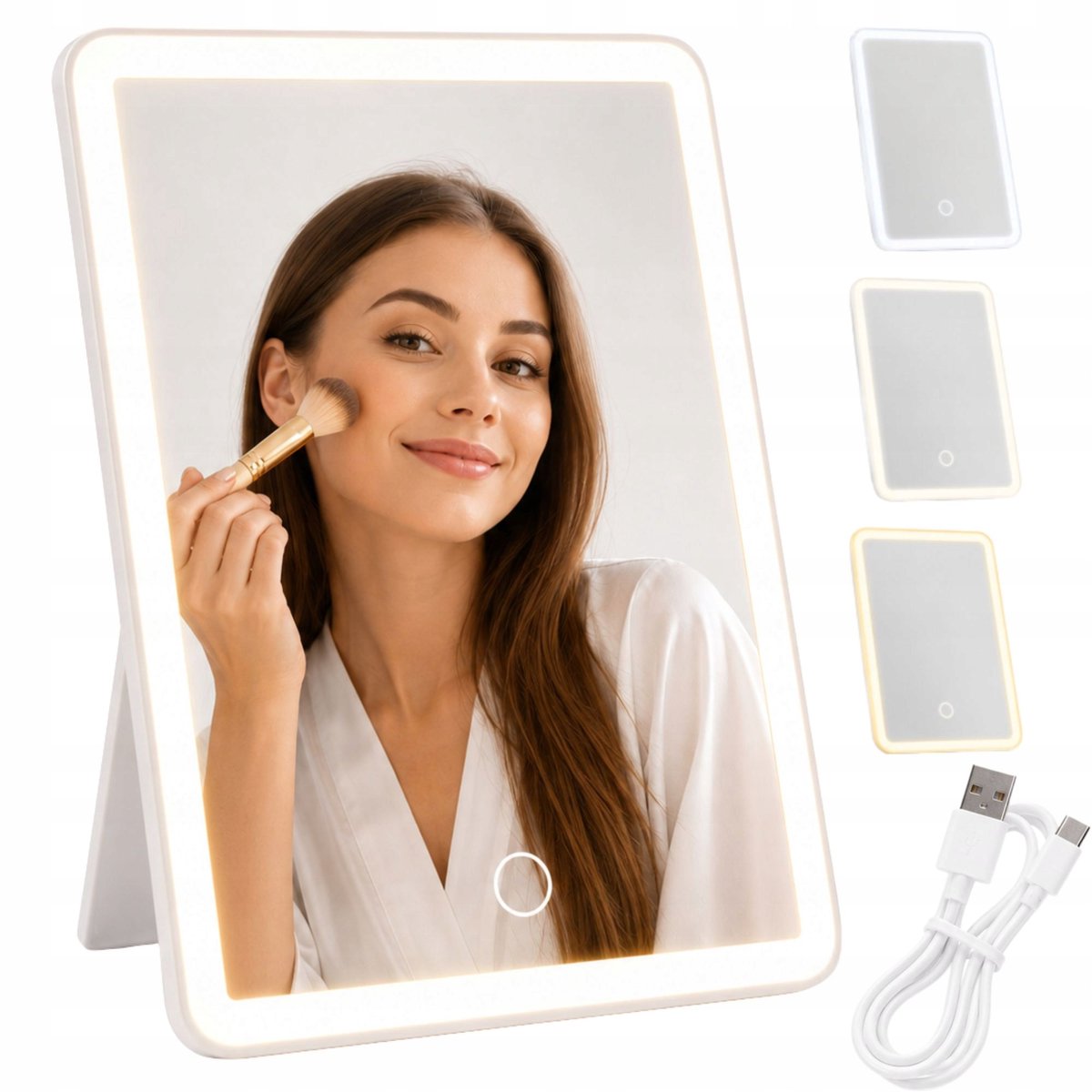 Draadloze LED Make-upspiegel met 3 Lichtkleuren – Oplaadbaar via USB-C – Touchbediening – Wit – Cosmetische Spiegel voor Thuis & Reizen