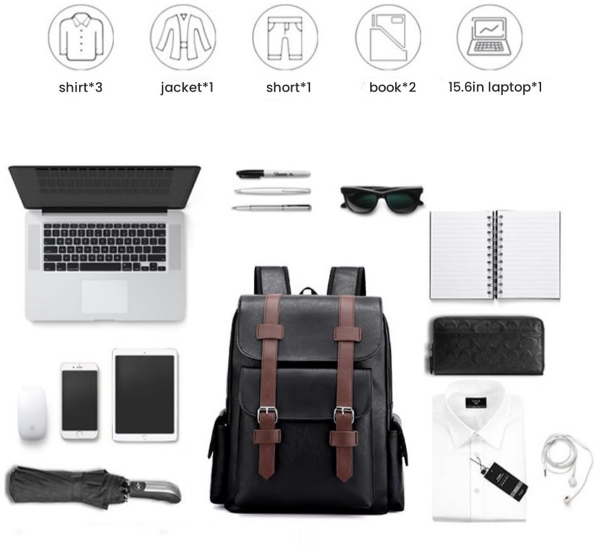 SnelShoppen - FUNSEED Rugzak Heren - Grote Capaciteit 15.6in Laptoptas - Vintage PU Leer Schoudertas voor Reizen, Werk, Bruin, L