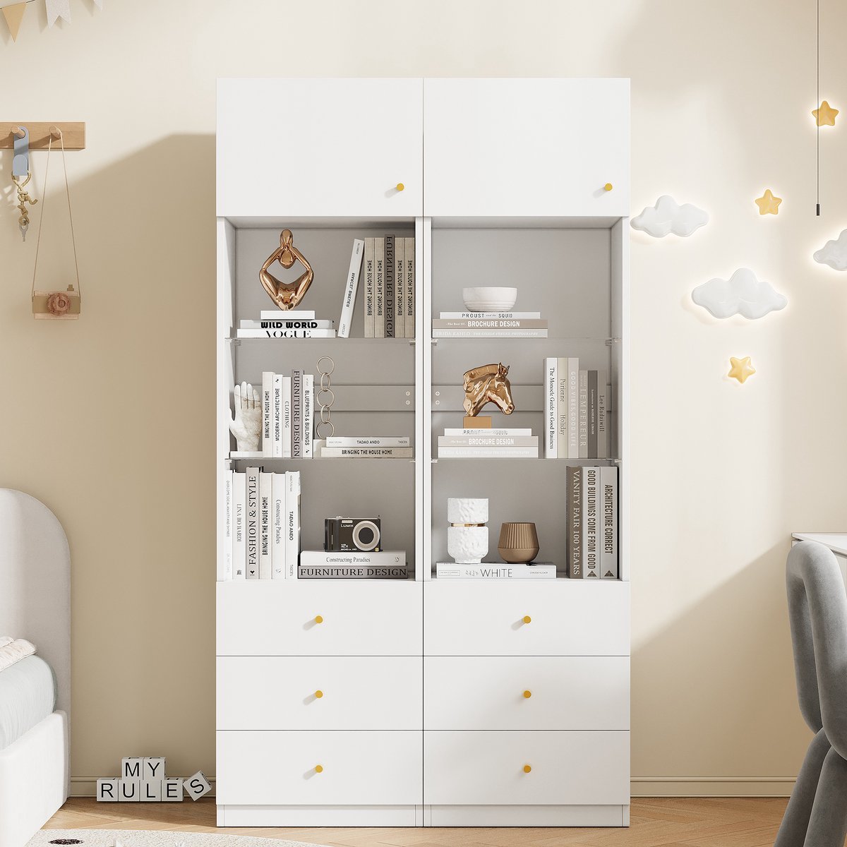 MIVRAY Boekenkast – Set Van 2 Met Verstelbare Glasplanken – 100 x 40 x 180 cm – MDF En Glas – Wit – Met Lades En Vitrineruimte