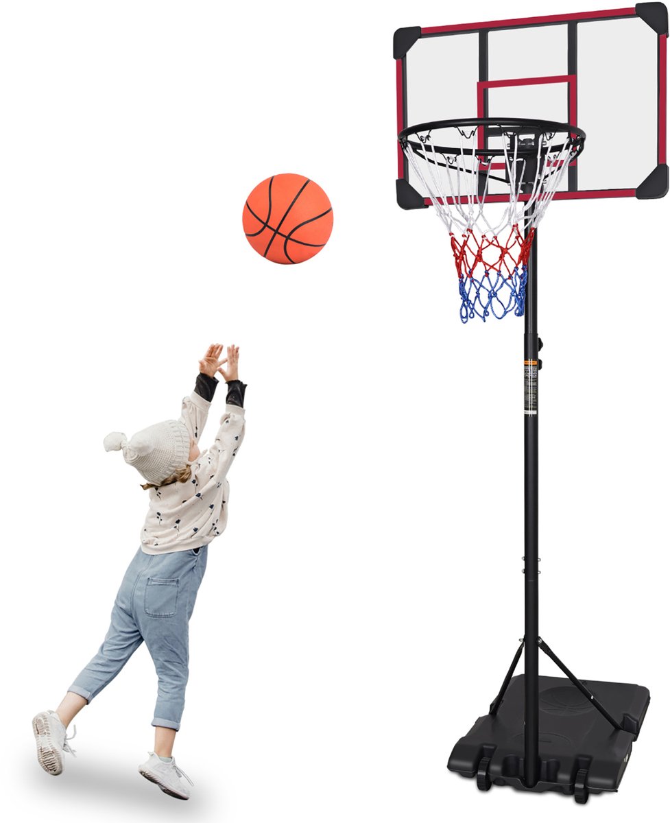 MODENUIT Basketbalstandaard – Hoogte Verstelbaar 170-213 cm – Met Wielen – Zwart Rood – Binnen Buiten