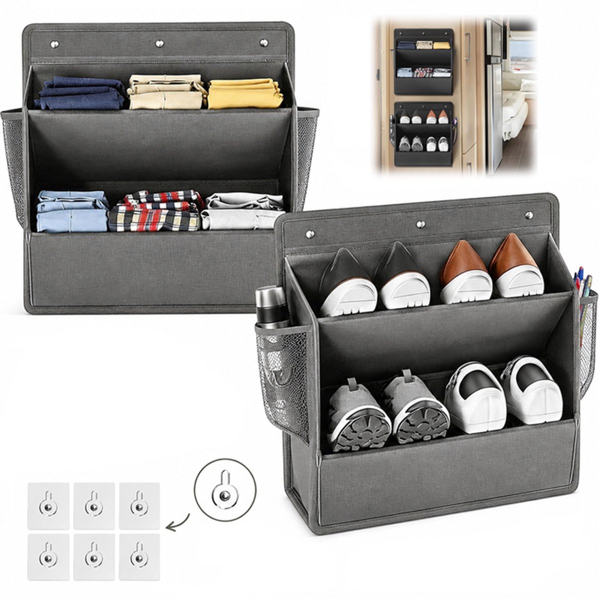 Bobypet - Hangorganizer deur - Schoenorganizer - Set van 2 - Multifunctionele hangende opberger voor camping en caravan - Ruimtebesparende opslag - Camperaccessoire - 43*46.5cm - Grijs