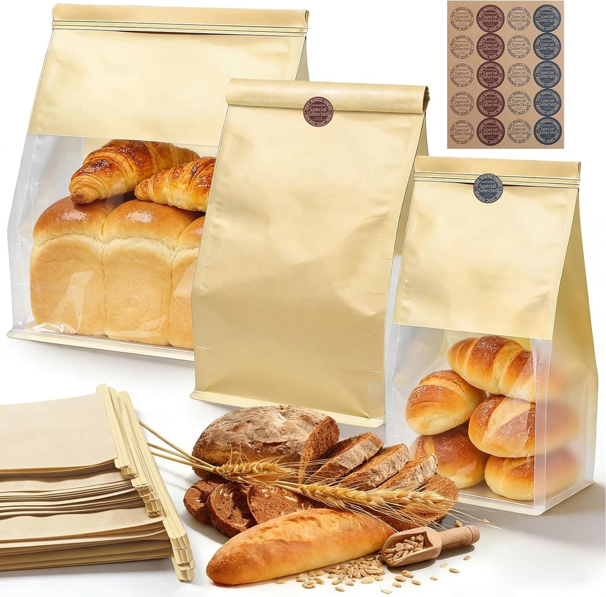 Kraft Papieren Broodzakken met Venster, 46 Stuks in 3 Maten voor Zelfgemaakt Brood, Toast en Snacks, Inclusief Sluitlip en Stickers