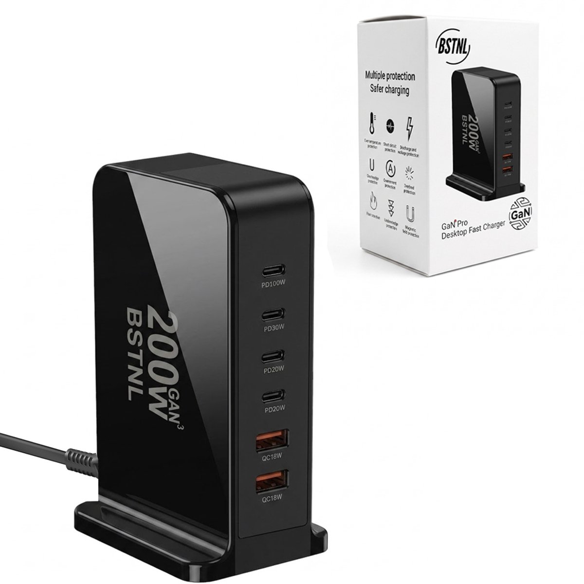 BSTNL 200W 6-Poorts USB Oplaadstation - Oplaadtoren - 4x USB-C PD 100W/30W/20W + 2x USB-A QC 18W - GaN Snellader - Voor Laptop, Tablet & Smartphone - Zwart
