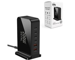 BSTNL 200W 6-Poorts USB Oplaadstation - Oplaadtoren - 4x USB-C PD 100W/30W/20W + 2x USB-A QC 18W - GaN Snellader - Voor Laptop, Tablet & Smartphone - Zwart