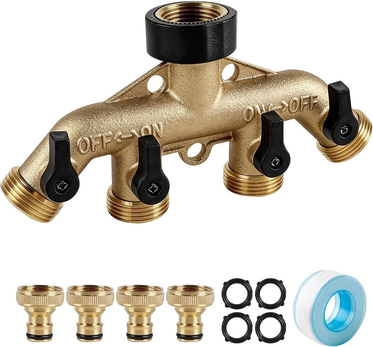 4-Weg Messing Waterverdeler G3/4 Inch Kraanventiel met 1/2 Inch Adapter, Tuin Wateraansluiting, Metalen Handvat en Slangverbinder voor Buitengebruik