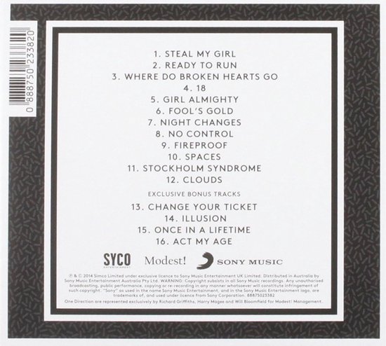 Achterkant van een muziekalbum met tracklist: 'STEAL MY GIRL', 'READY TO RUN' en meer. Merken: SYCO, Modest!, SONY MUSIC.