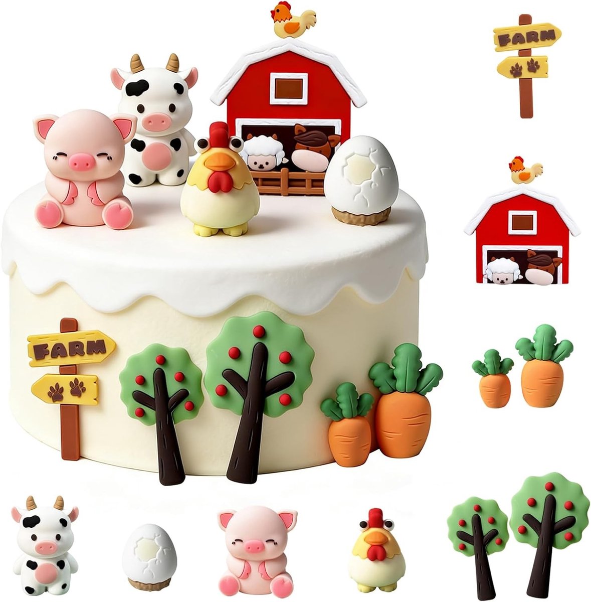 Set van 10 Boerderij Taartdecoraties voor Verjaardagen, Babyshowers en Feestjes met Koe, Varken en Kippen