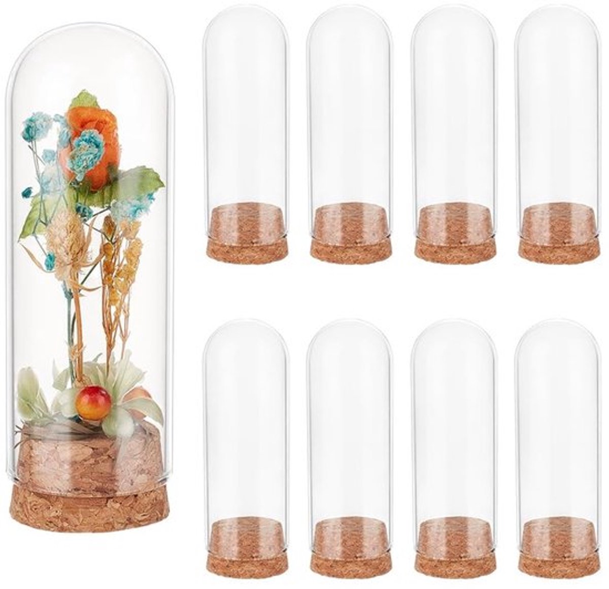 Display Koepel 12 Stuks - Glazen Flessen Potten 3,7 x 10 cm - Kurk Deksel - Decoratie - Transparant Ontwerp - Hoogwaardig Glas - Glazen Pot