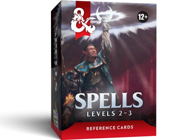 Doos met D&D Spells Level 2-3 kaarten, met op de voorkant een elf die een zwaard omhoog houdt en de maan.