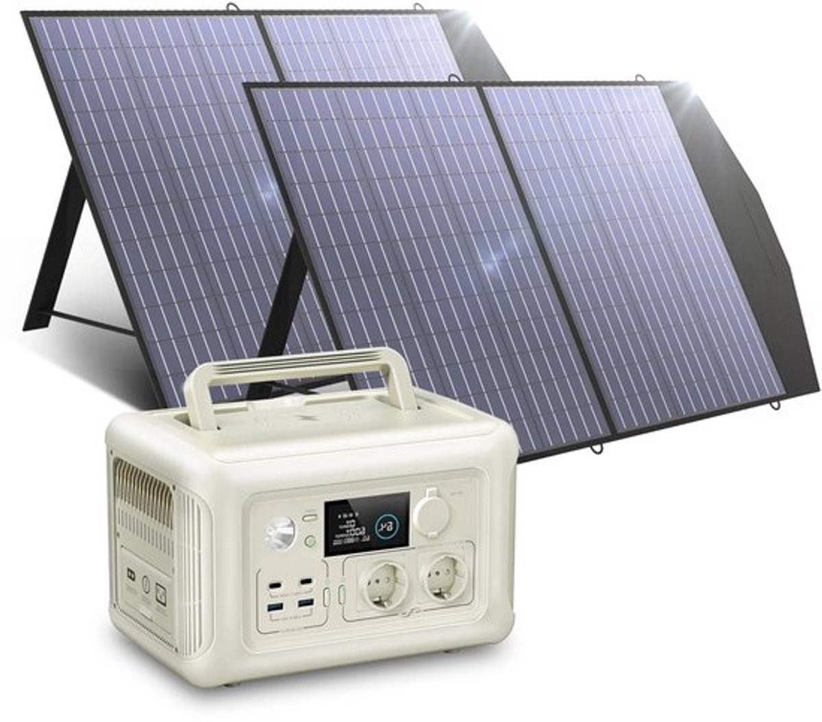 Draagbare Powerstation - Powerbank - Stroomgenerator - Generator - 600W Vermogen – met 2x100W Zonnepaneel - Generatoren - LiFePO4 Batterij – UPS & MPPT Technologie – Geschikt voor Outdoor & Noodstroomvoorziening