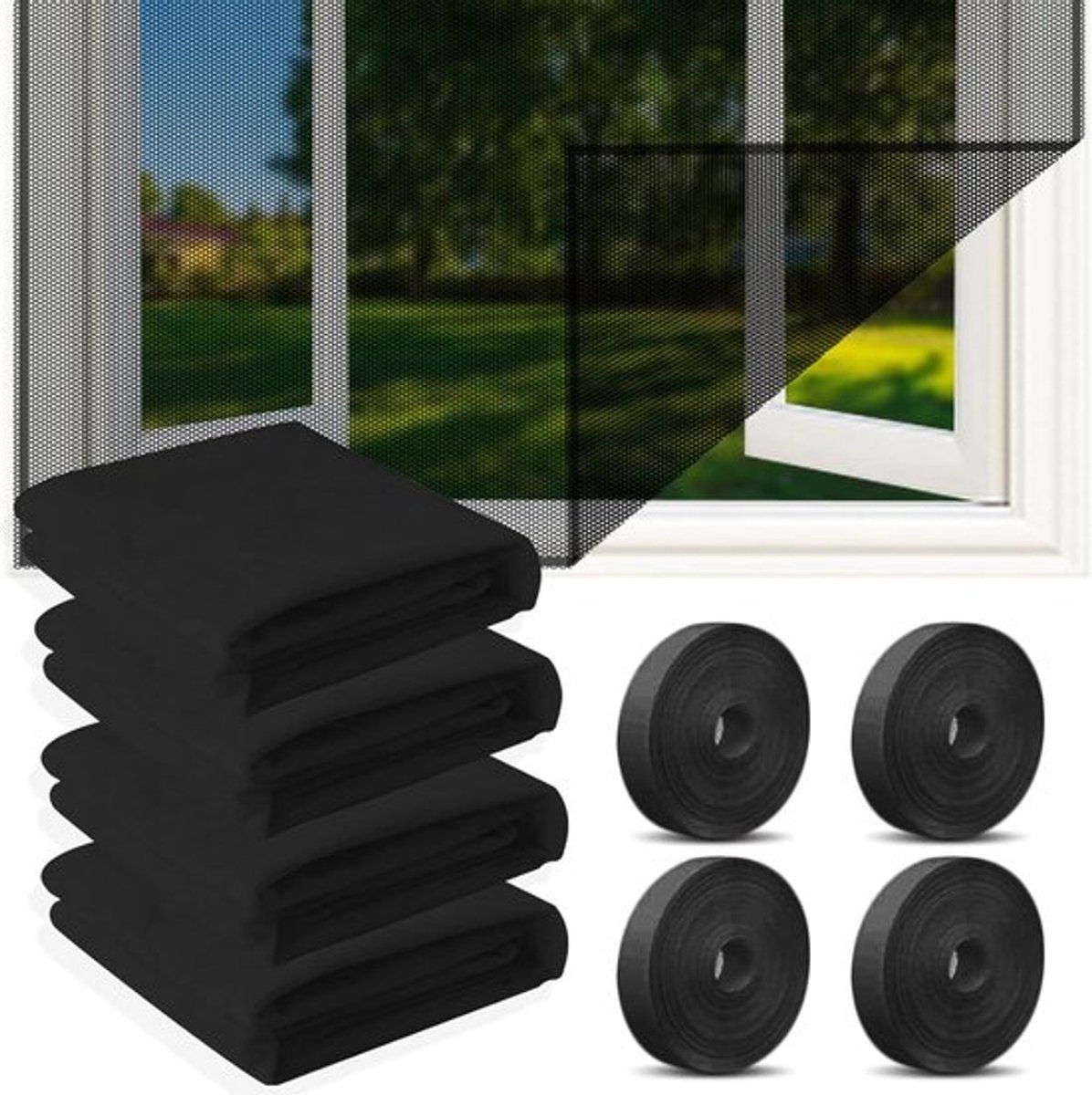 Premium - Vliegengaas 150 x 130 cm - 4 stuks - Zelfklevend - Muggenbescherming - Kevers en vliegen/muggen buiten houden - Op maat te snijden - Zwarte kleur.