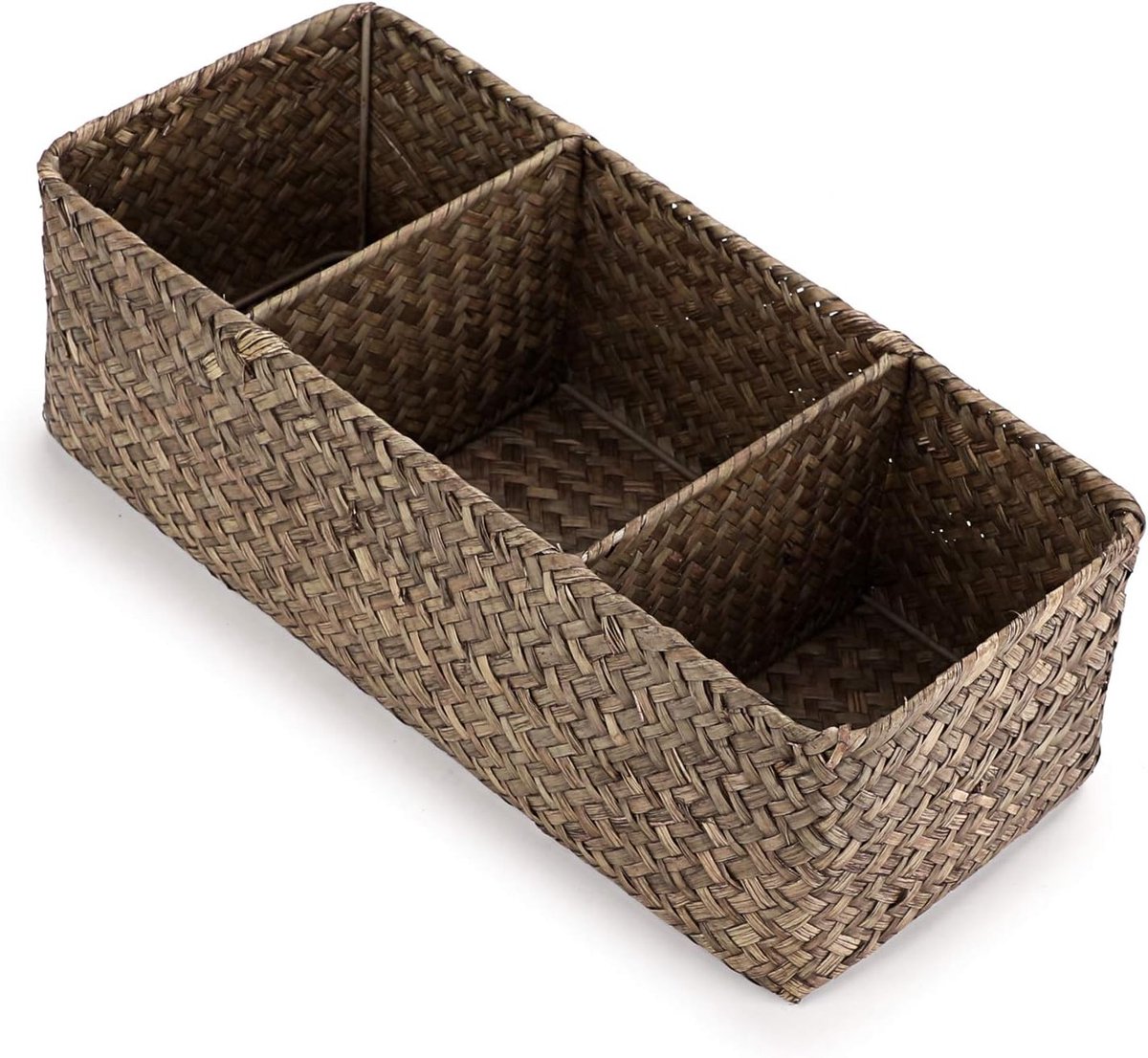 3 Compartimenten Opbergmanden van Zeegras, Geweven Mand voor Bureau, Rectangulaire Organizer voor Planken en Bureau, Decoratieve Mand voor Kantoorbenodigdheden, Speelgoed en Cosmetica