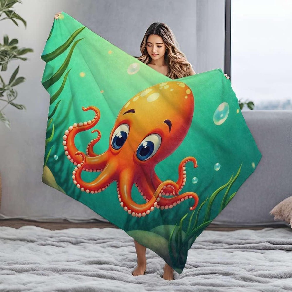 Babydeken Octopus - Flanellen deken stranddeken - Knuffelen en decoreren - Kreuk- en vervagingsbestendig - 150x200cm - Oranje