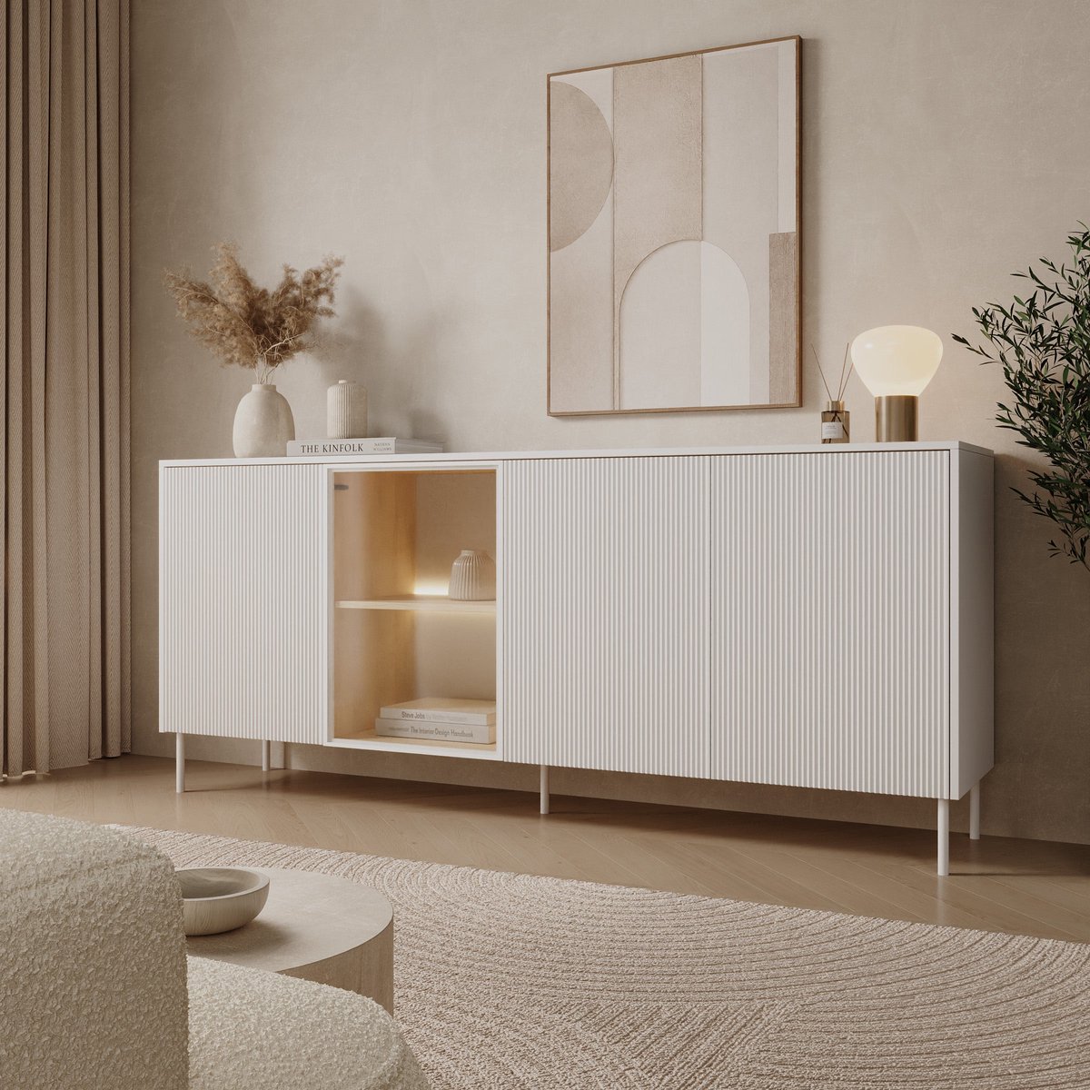 Meubella - Lynton - Dressoir met LED - Wit/Licht eiken - 195x41x83 cm