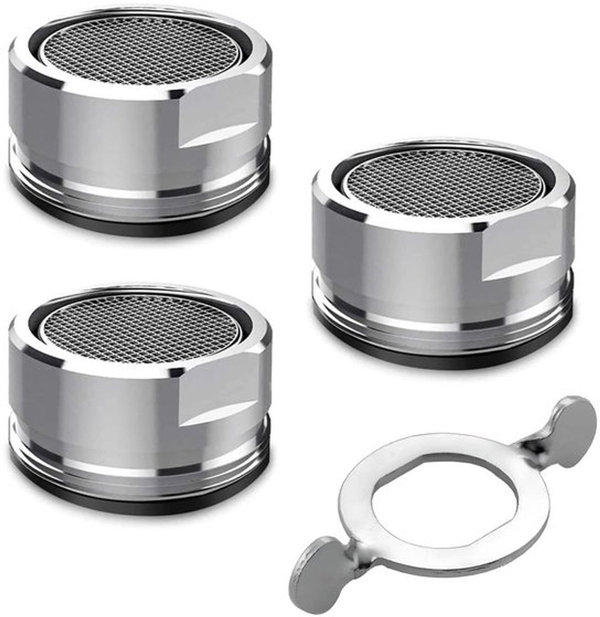 3 stuks waterkraanzeef-straalregelaar, 24 mm straalregelaar, kraan voor kranen, mengmondstuk, inzetstuk met roestvrijstalen filter, met een sleutel, zilverkleurig