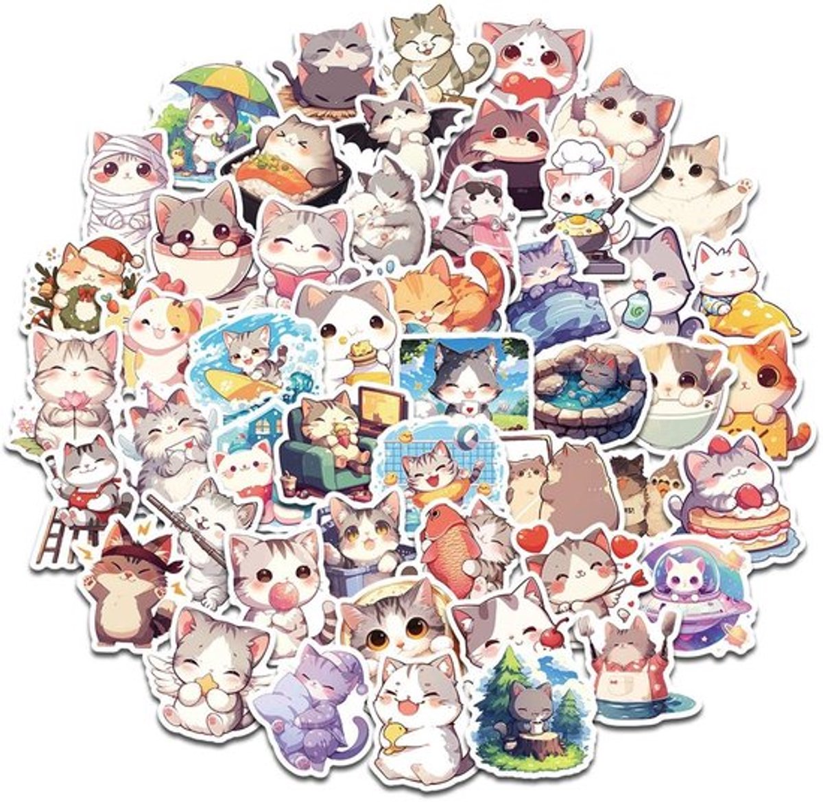 Kattenstickers 100 Stuks - Cartoon/Graffiti Stickers - Zelfklevend - Decoratie/Handwerk - Verschillende Maten - Duurzaam Materiaal