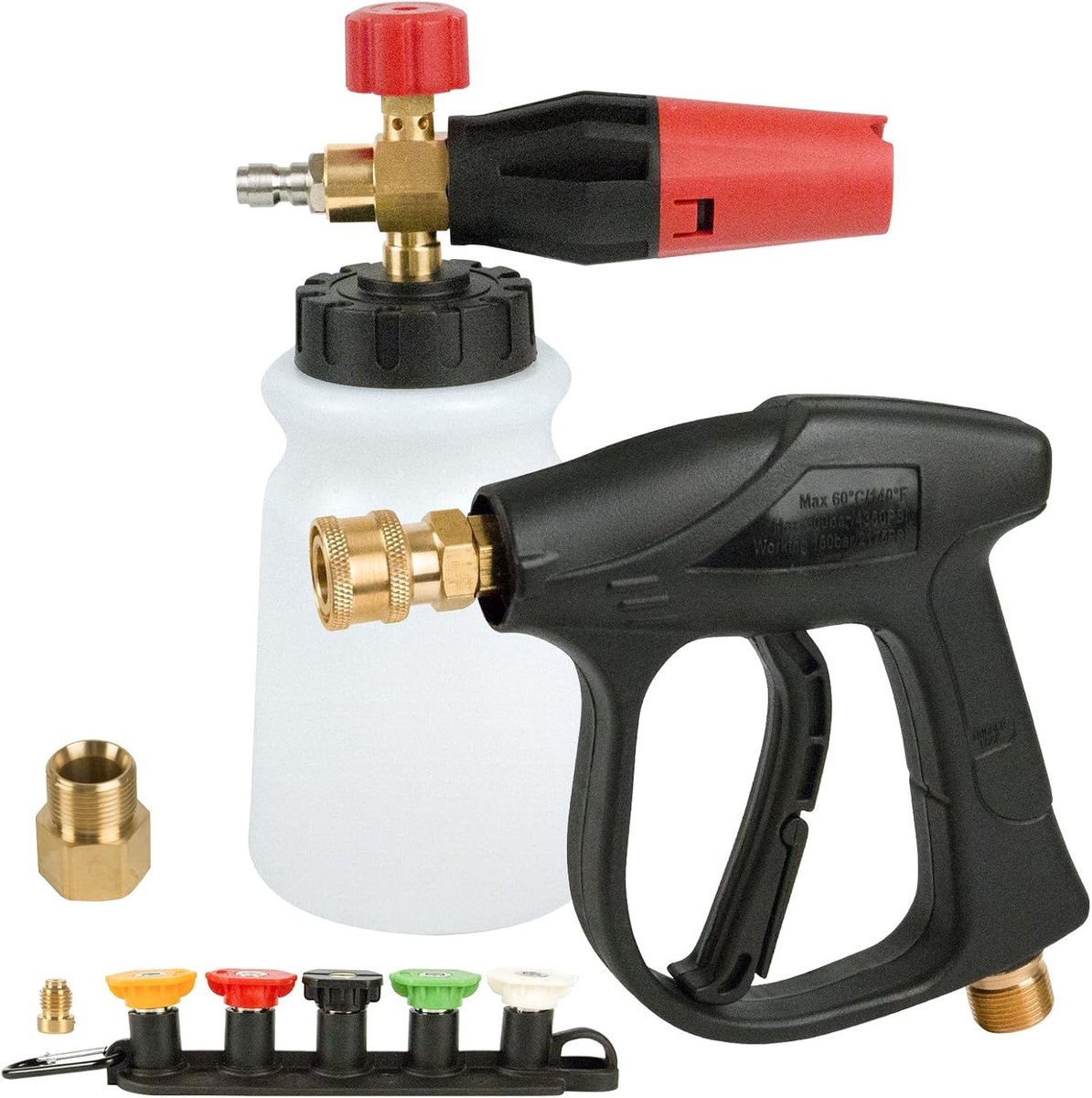 Schuimsproeier - Zwart - 1 Liter - Messing en ABS Hogedrukreinigerpistool met 5 Spuitpunten - Voor Autowassen en Tuinreiniging