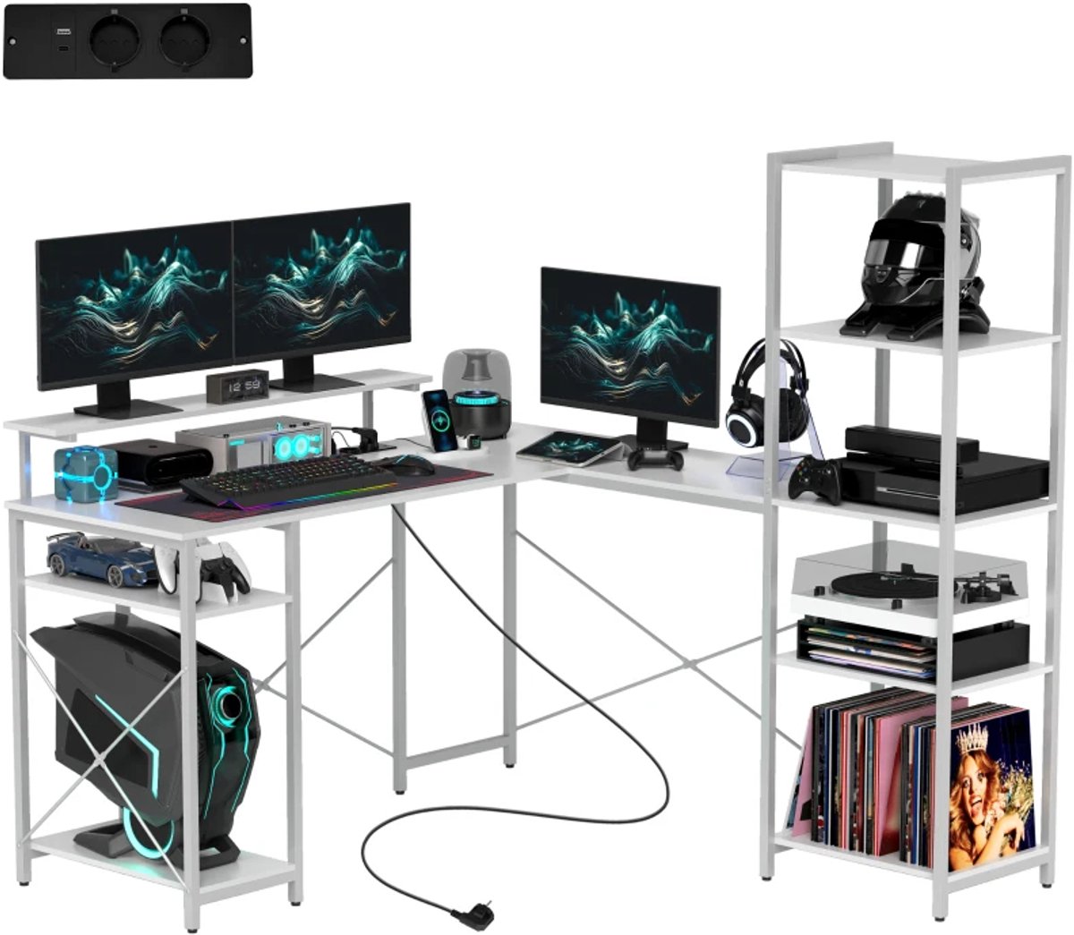 L-vormig Hoekbureau met Stopcontacten – Computerbureau met Monitorstandaard en Opbergrekken – 137 x 140 cm – Wit