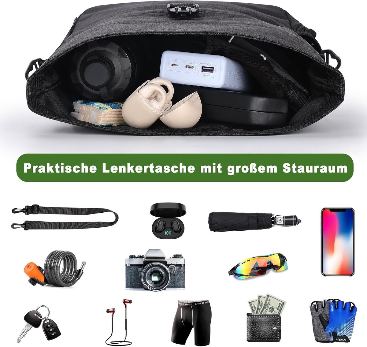 Stuurtas voor fiets - Zwart - 9 liter - Oxford stof met magneetsluiting - Multifunctionele fietstas met schouderband