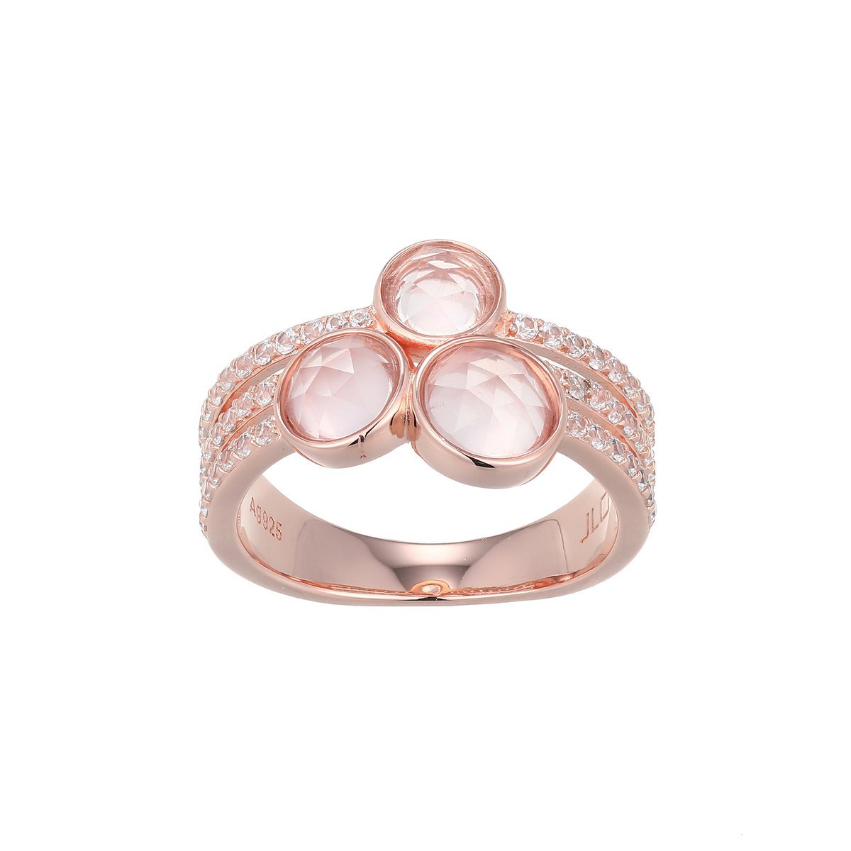 Cavill - Elegante zilveren ring met roségoud verguld - 3x Braziliaanse rozenkwarts 1,693 ct - 46 zirkonia - Brede damesring voor speciale gelegenheden