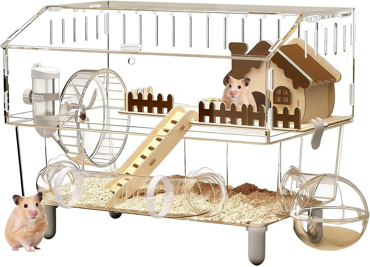 Hamsterkooi - Huisdierenverblijf Gerbilkooi - Knaagdieren Huisvesting - Dubbellaags Ontwerp - 48.7L x 29.5W x 16.8H cm - Transparant