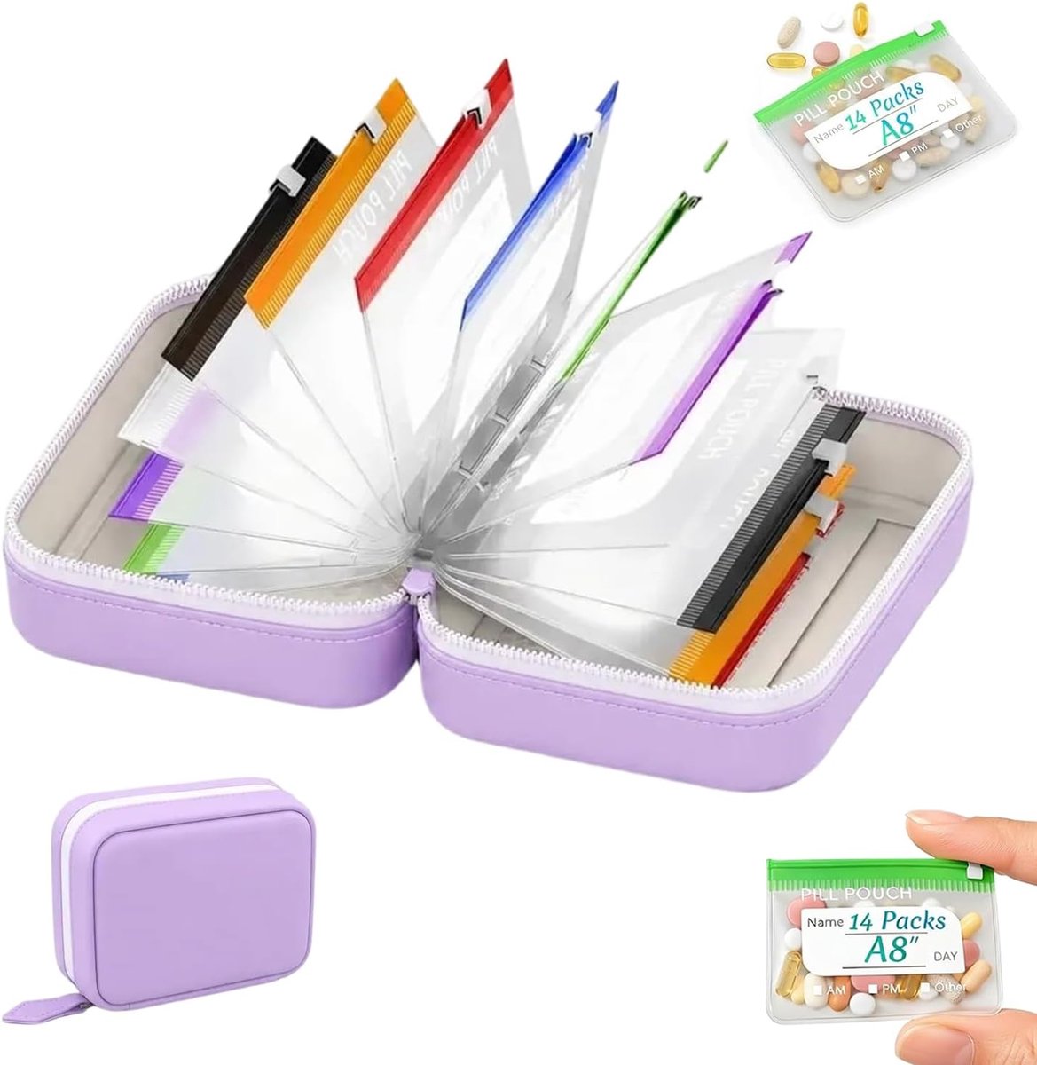 Pillendoos - Pillendoosje - met 14 gekleurde pillenzakjes - Medicijn Organizer - Pillendoos Etui - met Kleurcode & Etiket voor 14 dagen - Thuis & Onderweg - Draagbare Pillendoos Met Ritssluiting - Herbruikbaar - Medicijndoos - Pillenetui - Paars