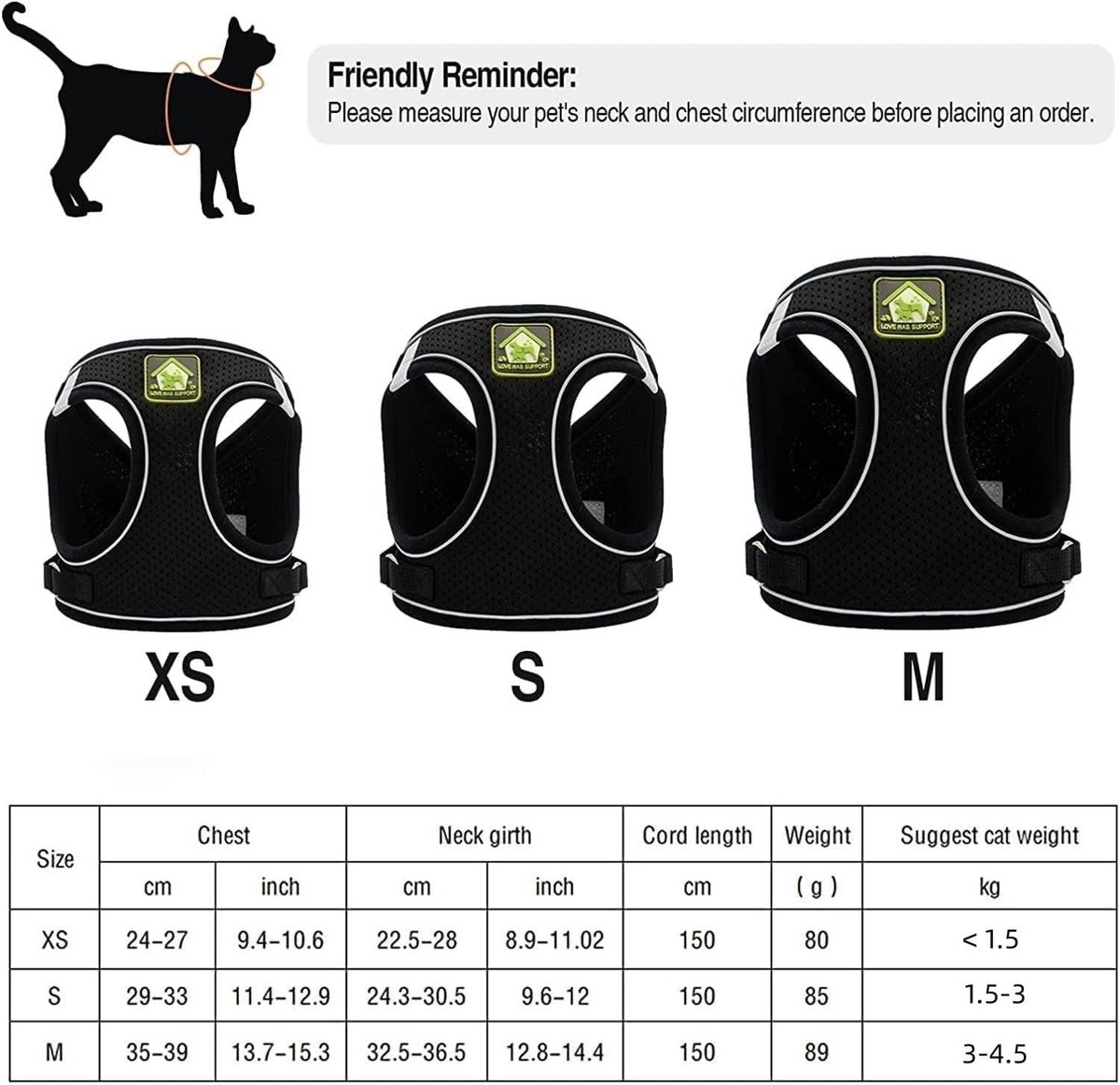 Kattenharnas - Zwart - Maat S - Verstelbaar Ademend Nylon Harnas Voor Kittens