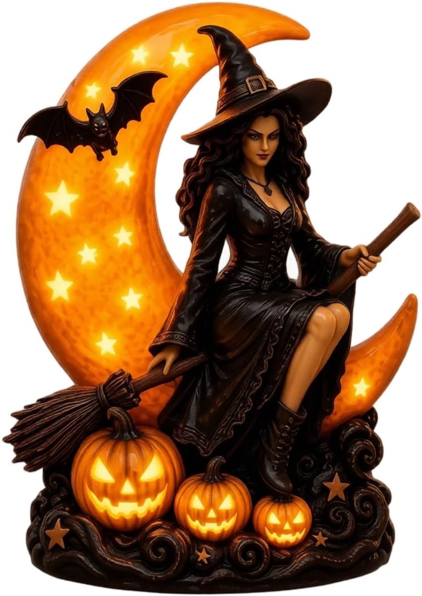 Casalora® Halloween Heksenbeeld met Maan USB LED Nachtlamp – Gotisch Hars Beeld – Heks Silhouet Tafellamp – Decoratie voor Schouw, Bureau & Woonkamer