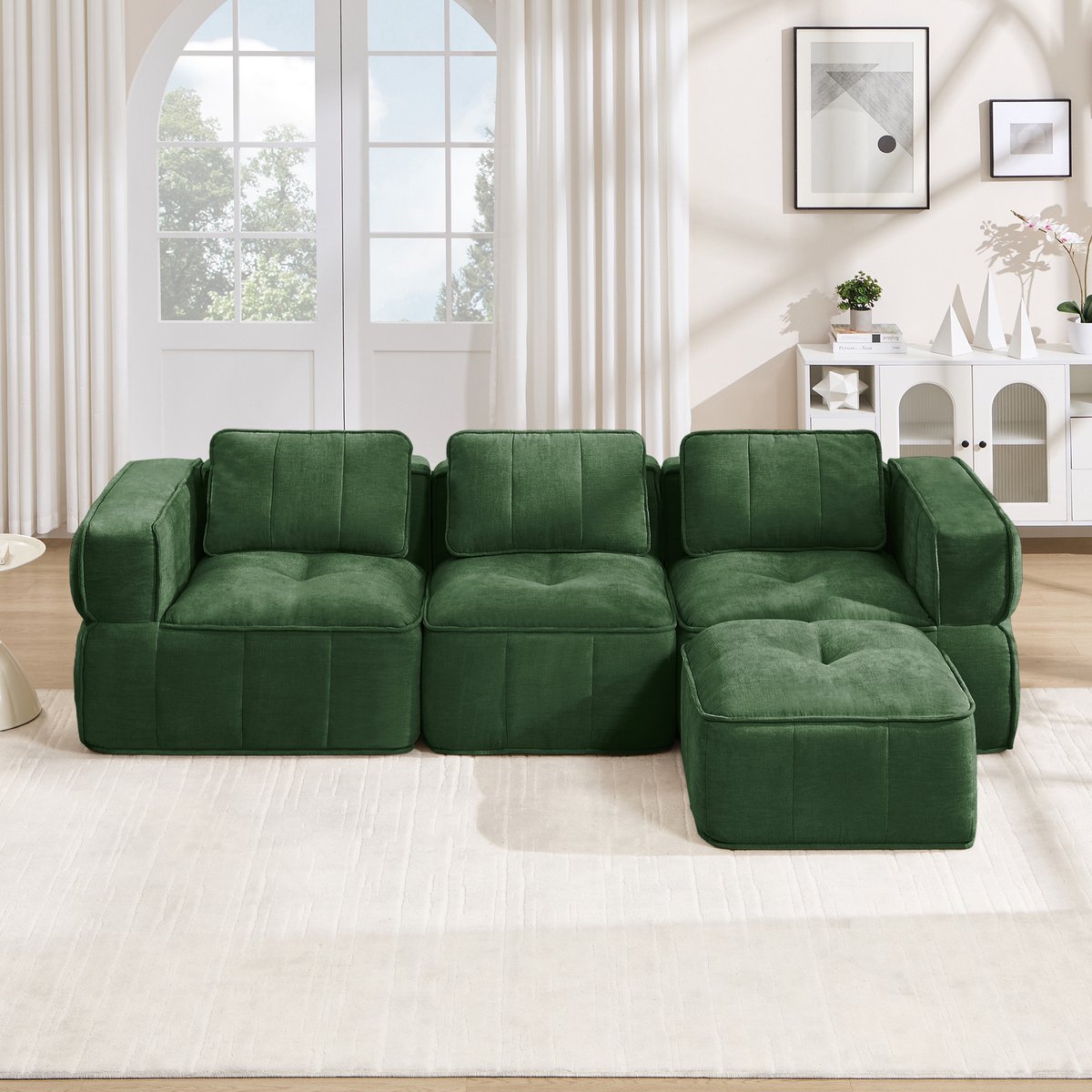 Woonkamer Hoekbank, L-Bank, 3-Zits bank, 3-Zits L-Vormige, Frameloze Modulaire Bank Met 1 Poef, Frameloos Ontwerp, 32D Schuim Met Hoge Dichtheid, Diepe Zitkussens, Comfortabele Stof, Ideaal Voor De Woonkamer-Groente