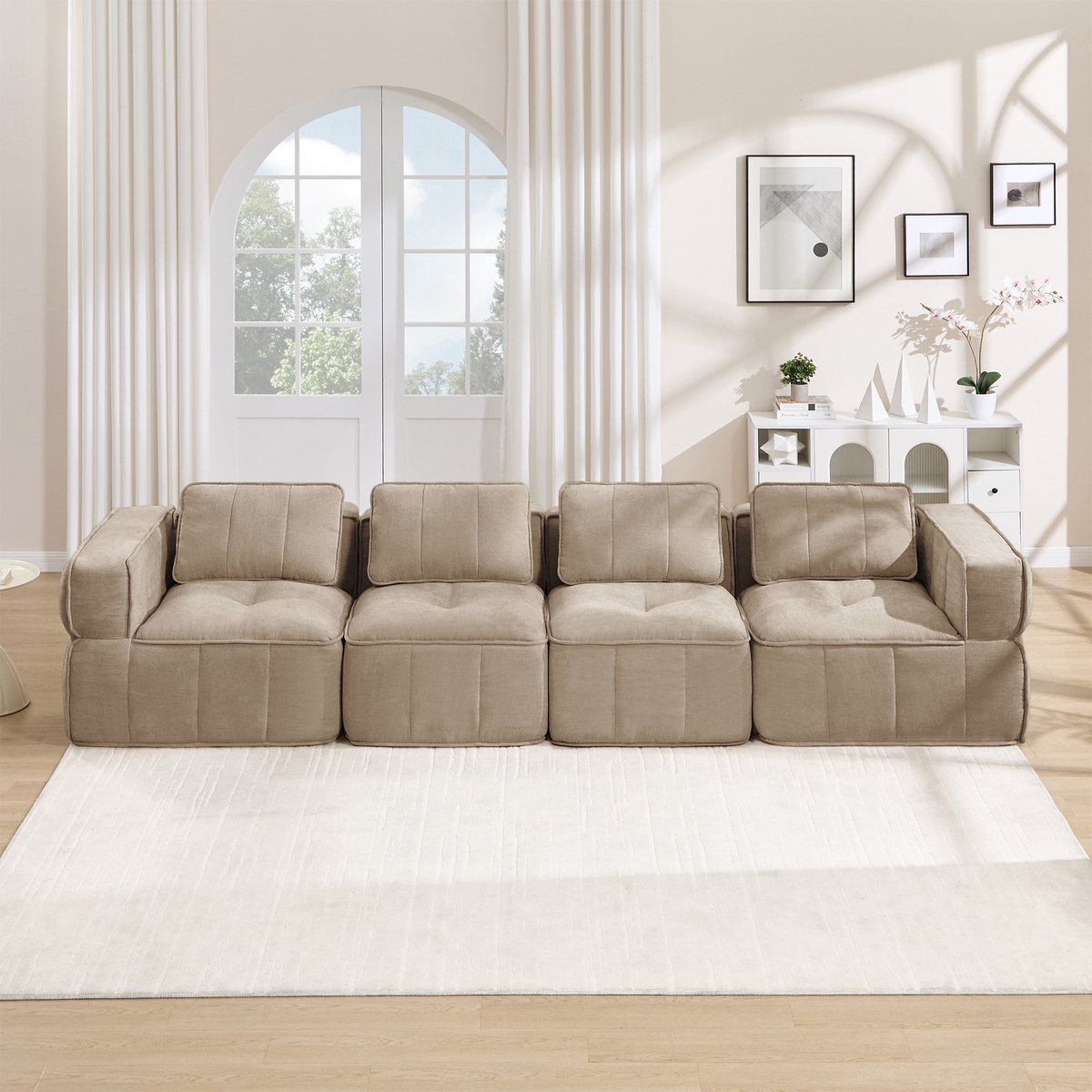 4-Zits Bank, Extra Grote 4-Zits Cloud-Bank Zonder Frame, Modulair, 32D Schuim Met Hoge Dichtheid, Huidvriendelijke, Zachte Stof, Antislip, Voor De Woonkamer, Geen Montage Nodig-Sand