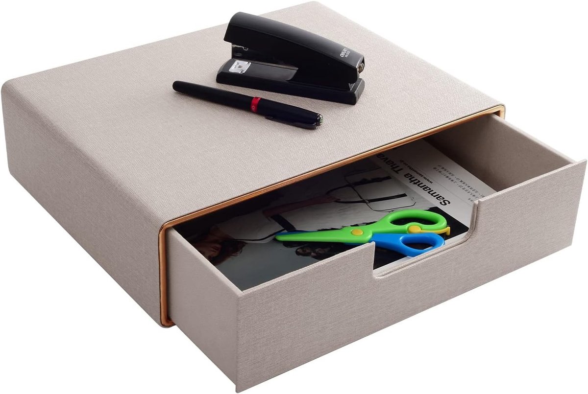 Bureauladenbox - Beige met Gouden Rand - 35 x 27 x 6 cm - PU-Leer en Flanel - Voor Kantoor en Cosmetica