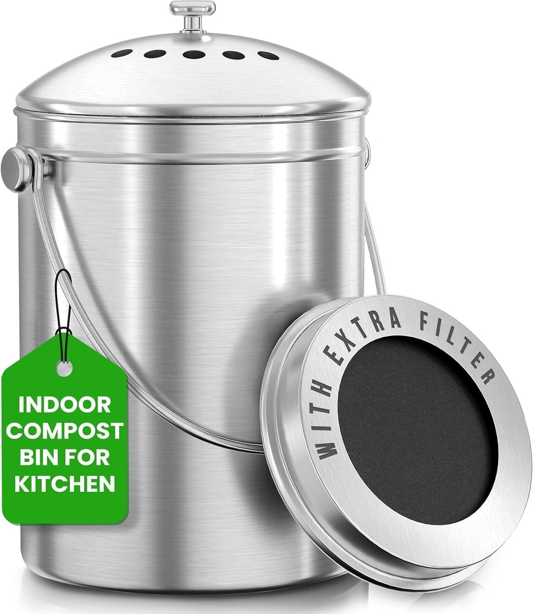 Compostemmer 5 liter - RVS - 5 Liter - Met Deksel en Koolstoffilter - Voor Keuken aanrechtblad