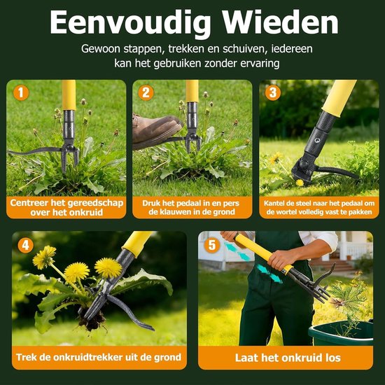 Onkruidsteker met Lange Steel - 4 RVS Klauwen - Uitwerpsysteem - 109 cm - Wieden Zonder Bukken — afbeelding 5