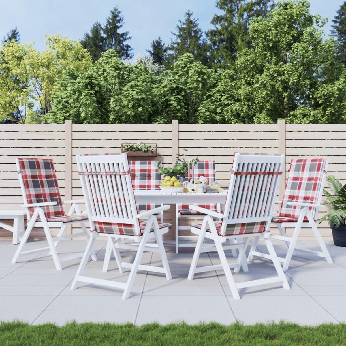 Tuinstoelkussens Hoge Rugleuning - Zitkussens Outdoor - Comfortabel Zitten - Waterafstotend Polyester - 120 x 50 cm - Rood Ruitpatroon