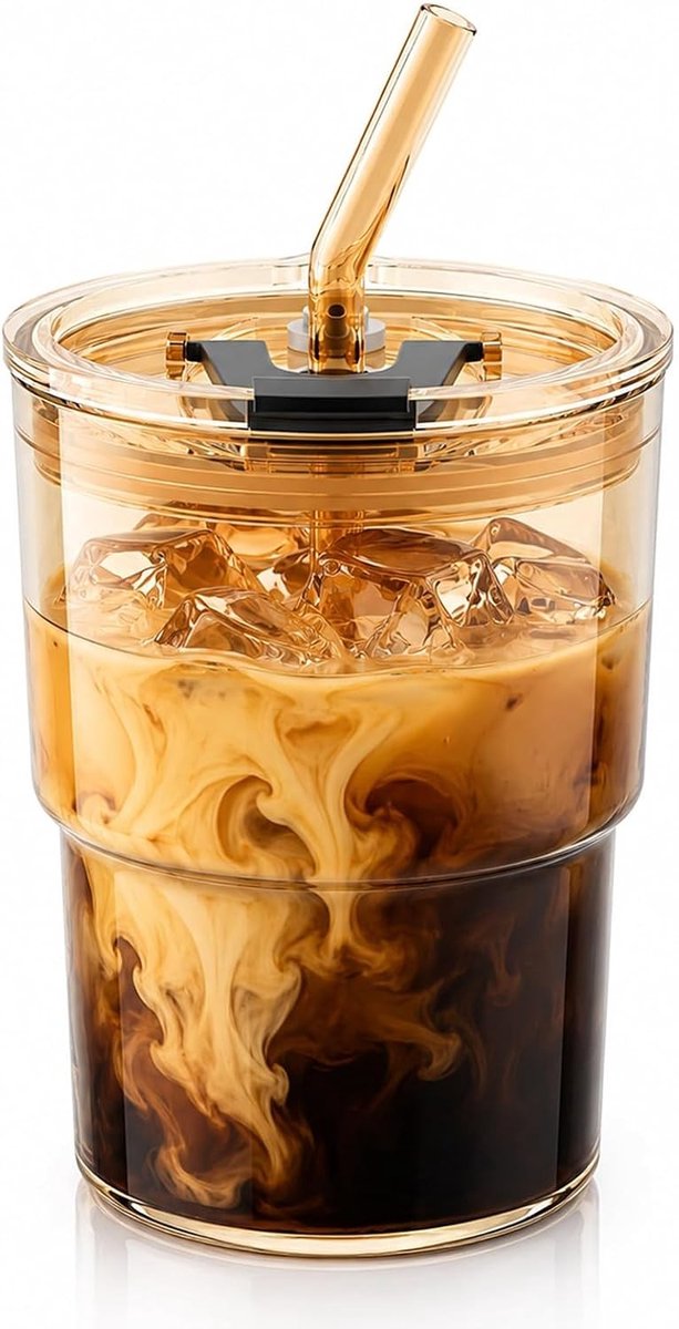 Ijskoffie glazen - Amber - 385 ml - Borosilicaatglas met deksel, rietje en leren hoes - Voor kantoor, thuis en onderweg