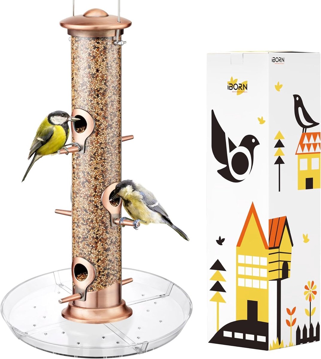 Buitenshuis Vogelvoederhuis met 6 Openingen voor Kardinalen, Aluminium Metaal, Geborsteld Koper, 35 cm, Ideaal voor Tuinvogels en Vogelspotten